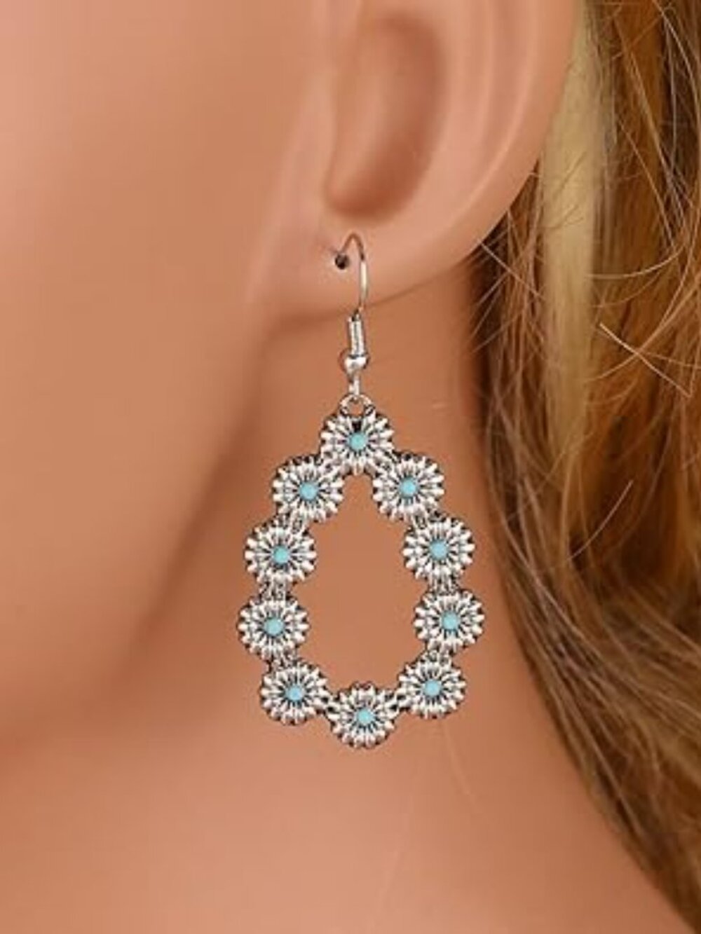 NEW Boho Western Turquoise Earrings‎ Oval Boho Turquoise Flower Set Trendy